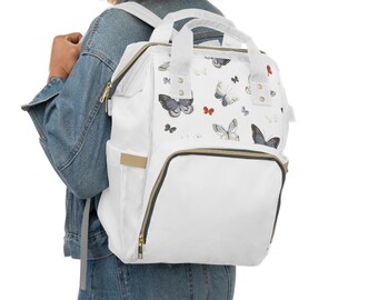 Butterfly Pattern Diaper Backpack | White Baby Bag