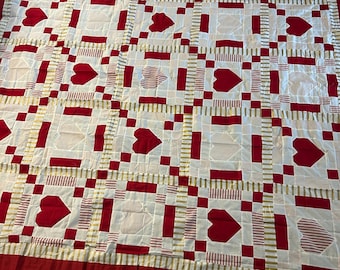 Handmade Red Heart Patchwork Quilt | Romantic Cotton Throw Blanket, Cottagecore Decor