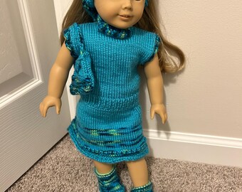 Conjunto de vestido verde azulado/verde - Accesorios de muñeca tejidos a crochet