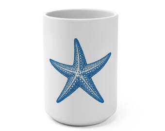 tasse bleue d'étoiles de mer | Céramique nautique Coastal Ocean Beach 15 oz
