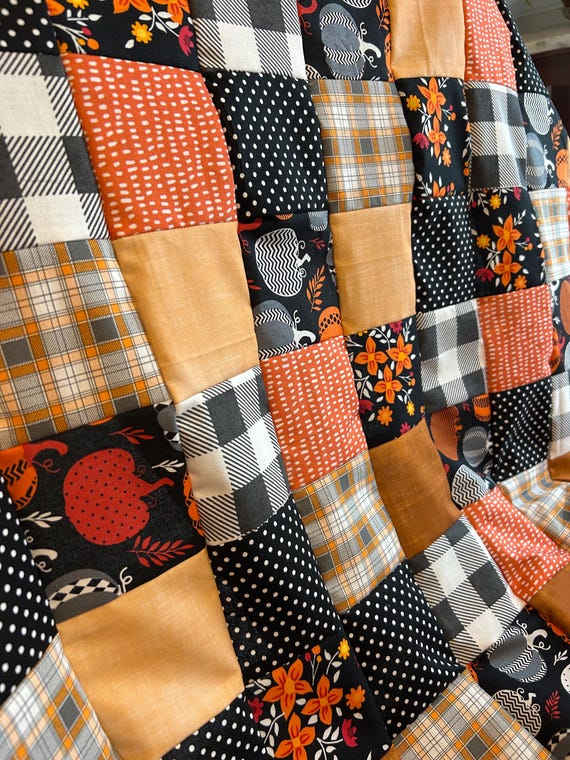 Handmade Gingham Pumpkin Quilt | Cozy Autumn Fall Throw Blanket