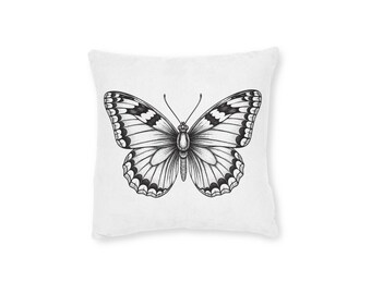 Vintage schwarze Linie Schmetterling quadratisches Kissen | Insekten Illustration