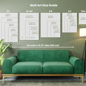 May include: A guide to wall art sizes with different ratios, including 2:3, 3:4, 4:5, 11:14, and A1-A4. The guide shows the dimensions in inches and centimeters. The sofa is 78.75 inches wide (200 cm).