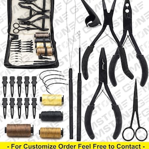 May include: A black carrying case containing a selection of tools for hair extensions, such as pliers, needles, thread, clips, and a small pair of scissors. The text "For Customize Order Feel Free to Contact - !!! We are the Manufacturers !!!" is printed at the bottom of the image.