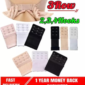 May include: Set of three-row bra extenders with 2, 3, and 4 hooks. The extenders are available in black, white, and nude colors.