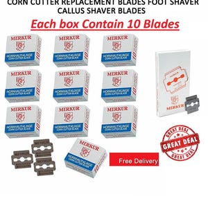 May include: A pack of 10 Merkur corn cutter blades for foot and callus shavers. The pack is white with blue text and a picture of a person's head. The text on the pack says "Hornhaut-Klinge Corn Cutter Blade". There are 9 other packs of blades in the image, as well as 4 individual blades and a "Great Deal" sticker.