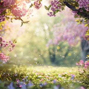 Peut inclure: Une image de fond numérique représentant une prairie verdoyante avec des fleurs roses et violettes. L'arrière-plan est flou et présente un ciel ensoleillé et lumineux avec des fleurs roses.