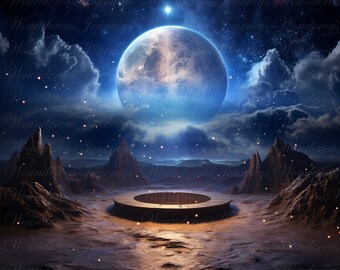 May include: A digital art print depicting a celestial scene. A large, luminous blue planet dominates the sky, surrounded by clouds and stars. In the foreground, a circular structure sits on a barren landscape, with rocky formations in the distance.
