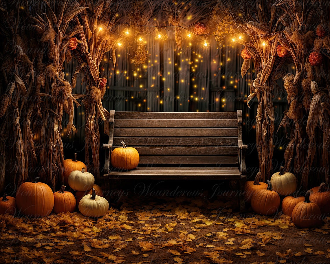 Autumn Digital Background, Orange Pumpkins, Bench, Fall Digital ...