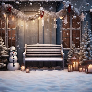 May include: A snowy winter scene with a bench, snowman, and lit lanterns. The house is decorated with garlands and ornaments. Two small Christmas trees flank the lanterns. Snow is falling, creating a cozy, festive atmosphere.