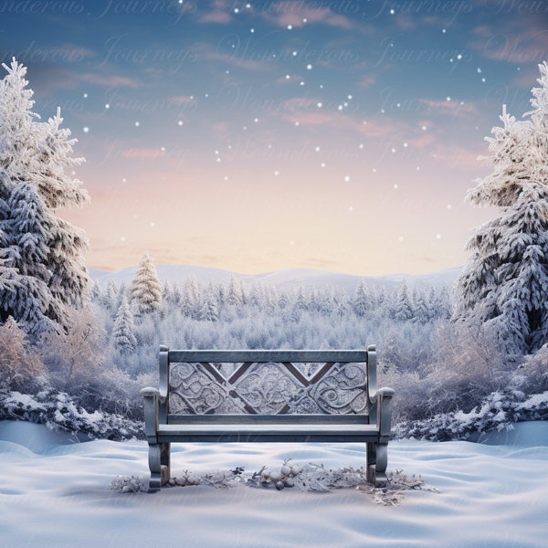 Christmas Backdrop, Winter Magic, Winter, Snowy forest, magical, Holiday digital background, Festive, Christmas, Christmas Magic, Bench