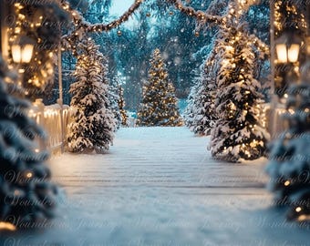 以下が含まれることがあります： 雪が降る冬の風景。雪に覆われた木々が並んだ小道があり、木々はキラキラと光る電飾で飾られています。木々は暖色系の白い光で照らされ、魔法のような雰囲気を作り出しています。