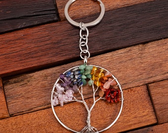 Colorful Stone Tree of Life keychain, Tree of Life with Crystals Keyring, Handmade Wire Wrapped, Tree of Life Keychain Gift, Bag Accessories