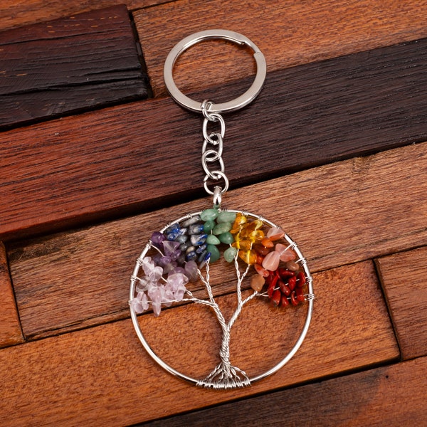 Colorful Stone Tree of Life keychain, Tree of Life with Crystals Keyring, Handmade Wire Wrapped, Tree of Life Keychain Gift, Bag Accessories