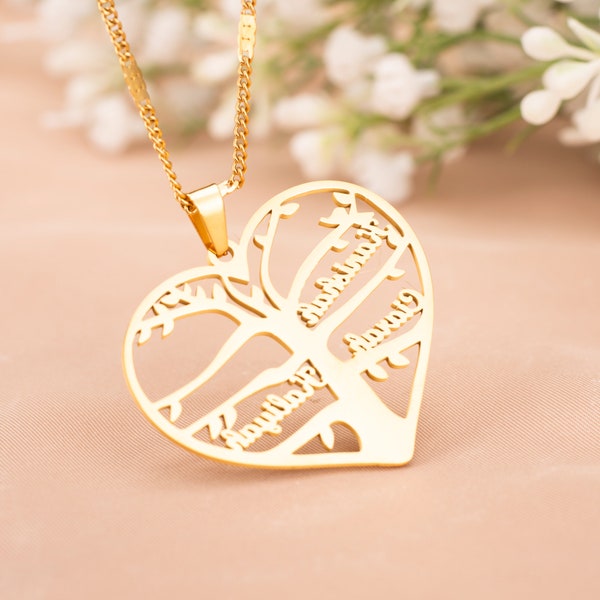 Heart Shaped Family Tree Necklace,Tree Of Life Necklace,Personalized Custom Family Name Necklace,Gift For Mom Grandma,Christmas Gifts