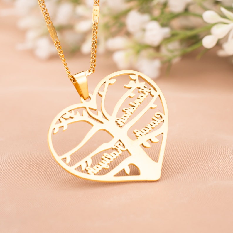 Heart Shaped Family Tree Necklace,Tree Of Life Necklace,Personalized Custom Family Name Necklace,Gift For Mom Grandma,Christmas Gifts image 1