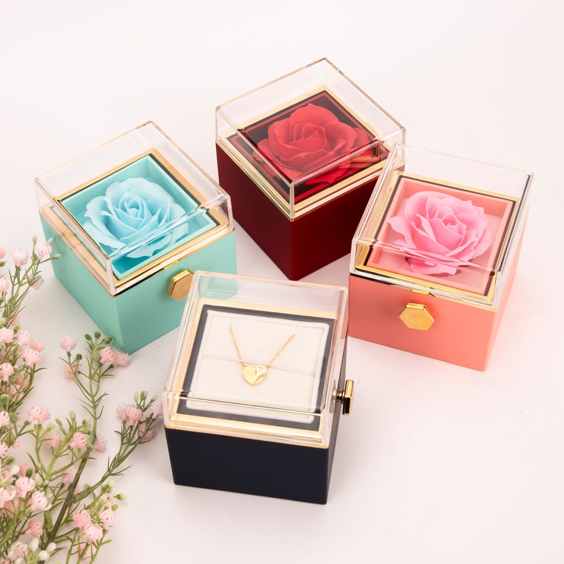 Rotating Rose Necklace Box, Handmade Eternal Rose Jewelry Box, Square