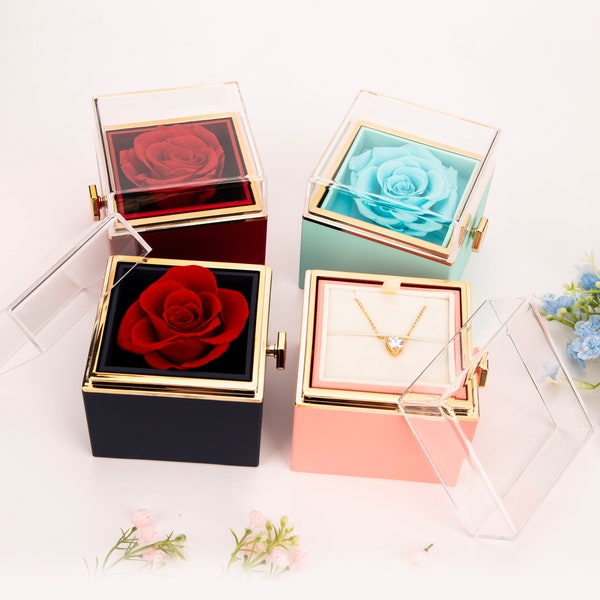 Special Rotating Rose Necklace Box,Proposal Ring Box, Real Rose Flower Gift Box,Eternal Rose Jewelry Box,Birthday,Valentines Day Gift