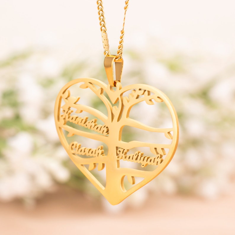 Heart Shaped Family Tree Necklace,Tree Of Life Necklace,Personalized Custom Family Name Necklace,Gift For Mom Grandma,Christmas Gifts image 2