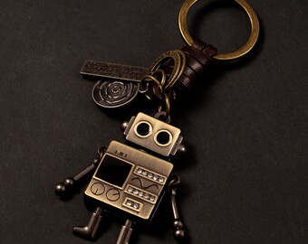 Cute Robot KeyChain Gift, Robot Friend Keychain, Gift Idea Women Men, Leather KeyRing Car Door Keys Present