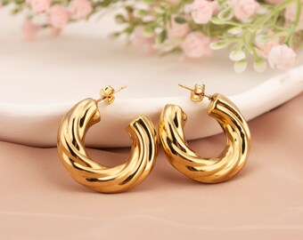 Women Hollow Twist Gold Hoops Chunky Earrings Open Hoops Earrings Best Jewelry Gift for Her 24k Gold Plated Threaded Braided Hoop Earrings