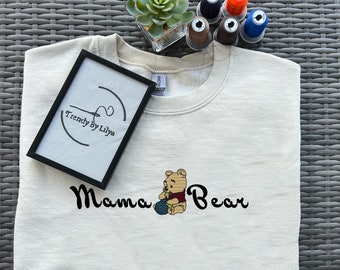 Embroidered Mama Bear Sweatshirt with  Winnie the Pooh, Personalized Mom Sweatshirt, Minimalist Momma Sweater, Mothers Day Gift for Mom