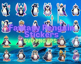Fantasie stijlvolle pinguïns clipartcollectie SVG png, pinguïnstickers, afdrukbare sticker, sticker png-bundel, pinguïn clipartdownloads