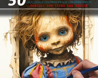 50 体の幽霊人形 第2巻 - グレースケール色鉛筆塗り絵 - (((( ダウンロード版のみ ))))