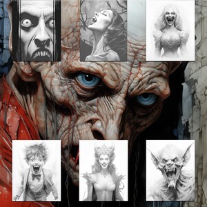May include: A collection of black and white illustrations of vampires. The images include a vampire with fangs, a vampire with a crown, and a vampire with a long cape. The text "50 Coloring Pages of Vampire Horrors" and "Actual Images Found in the Book" is at the top of the image.