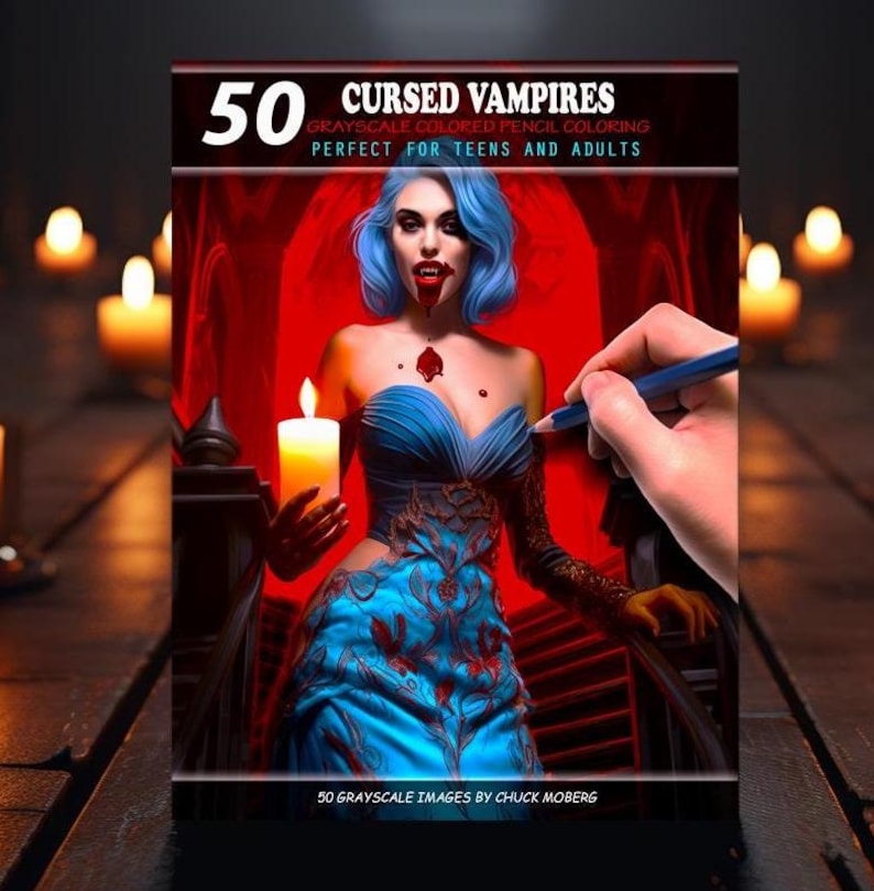 May include: Cover of a colouring book featuring a vampire woman with blue hair and a red dress. The title of the book is "50 Cursed Vampires: Grayscale Coloured Pencil Colouring, Perfect for Teens and Adults".