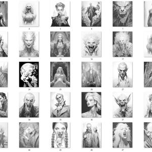May include: A collection of 48 black and white illustrations of various monsters and creatures. The illustrations are in a grid format and feature a variety of styles, including realistic, cartoonish, and stylized.