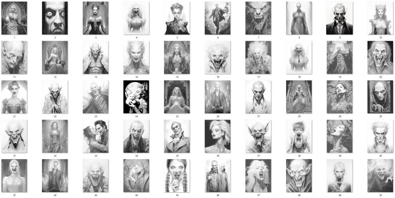 May include: A collection of 48 black and white illustrations of various monsters and creatures. The illustrations are in a grid format and feature a variety of styles, including realistic, cartoonish, and stylized.