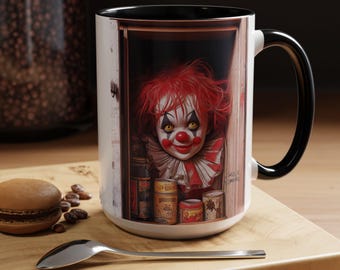 Tasse, gruseliger Kinderclown in einem Schrank, Halloween-Kaffeetasse, gruseliges Kinderzimmerdekor, einzigartige Horrorcharakter-Teetasse, gruseliges Kindergeschenk,