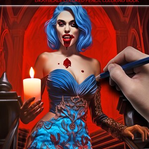 May include: A grayscale colouring book cover featuring a vampire woman with blue hair and a red dress. She is holding a lit candle and has a dripping blood stain on her chest. The text "50 Cursed Vampires" is at the top of the cover, and "Grayscale Colored Pencil Colouring Book" is below it. The text "50 Grayscale Images by Chuck Moberg" is at the bottom of the cover.