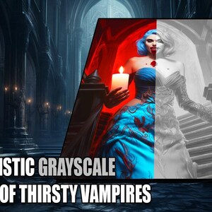 May include: A woman in a blue and red dress holds a lit candle in a dark, gothic setting. The image is split in half, with the left side in colour and the right side in grayscale. The text "50 REALISTIC GRAYSCALE IMAGES OF THIRSTY VAMPIRES" is at the bottom of the image.