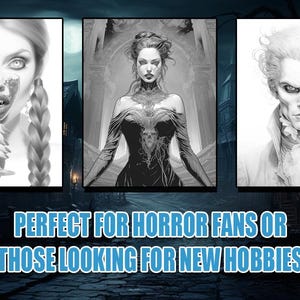 May include: Three black and white illustrations of people with vampire-like features. The first image shows a woman with long braids holding a glass of blood. The second image shows a woman in a long dress with a dark bodice. The third image shows a man with a pale face and a ruffled collar.