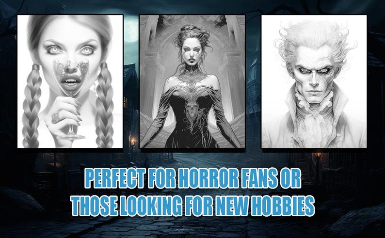 May include: Three black and white illustrations of people with vampire-like features. The first image shows a woman with long braids holding a glass of blood. The second image shows a woman in a long dress with a dark bodice. The third image shows a man with a pale face and a ruffled collar.