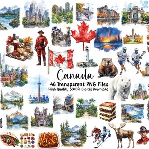 Imágenes prediseñadas de Canadá, imágenes prediseñadas de viajes, cultura canadiense, imágenes prediseñadas de comida, invitaciones, planificador, diario basura, imágenes en acuarela