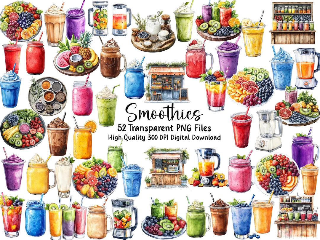 Watercolor Smoothie Clipart: Fruit & Vegetable PNG Images (digital ...