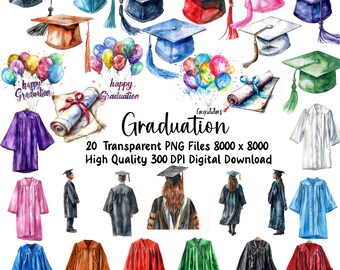 Watercolor Graduation Clipart: Caps, Gowns, Diplomas (PNG, Commercial Use)