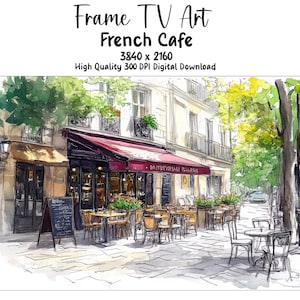 Könnte beinhalten: Aquarellgemälde eines französischen Cafés mit Tischen und Stühlen im Freien. Das Café hat ein rotes Vordach und ein Schild mit der Aufschrift "Boulangerie Traditionnelle". Das Café befindet sich in einer Straße mit Bäumen und Gebäuden im Hintergrund.