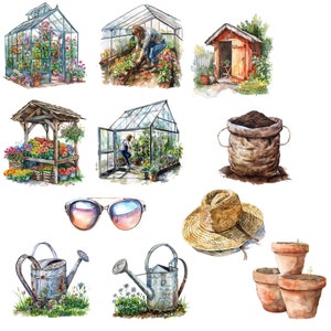 Pu&ograve; includere: Un'illustrazione ad acquerello di forniture e attrezzi da giardinaggio, tra cui una serra, un annaffiatoio, un cappello di paglia, un sacco di terra e vasi di terracotta.