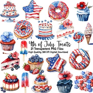 Clipart gourmandises du 4 juillet, Desserts du 4 juillet, Images d'invitation, bonbons rouges, blancs et bleus, journaux, fichiers PNG, usage Commercial