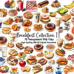 100 gráficos de café da manhã em aquarela, conjunto de clipart de itens essenciais para a manhã, imagens de menu e café, decoração de planejador de refeições para impressão, acesso instantâneo