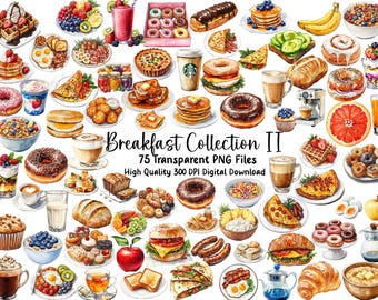 May include: A collection of 75 watercolor illustrations of breakfast foods, including pancakes, waffles, eggs, fruit, pastries, and coffee. The illustrations are in a realistic style and are perfect for use in digital scrapbooking, card making, and other creative projects.