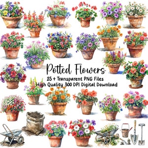 Hermosas flores en macetas, imágenes prediseñadas de flores de jardinería en macetas de barro, PNG, descarga instantánea