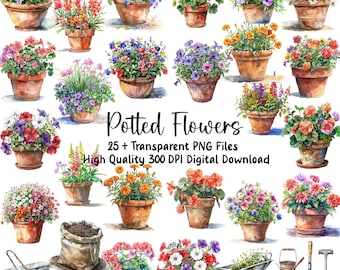 May include: A collection of 25 watercolor illustrations of potted flowers in various colors and styles. The flowers are arranged in a grid pattern and include a variety of types, such as geraniums, petunias, and marigolds. The text "Potted Flowers" is written in a decorative font at the top of the image. The text "25+ Transparent PNG Files" and "High Quality 300 DPI Digital Download" is written below the image.