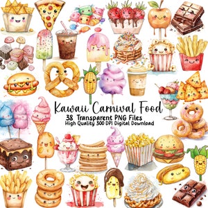 Pacchetto Clipart cibo Carnevale Kawaii, immagini Fair Treat, invito, snack stravaganti, pianificatori, uso commerciale, download istantaneo