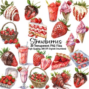 Clipart de morango em aquarela, morangos, milk-shakes, bolo, torta, smoothie, PNG, convites, diário de sucata, planejadores, scrapbooking, verão