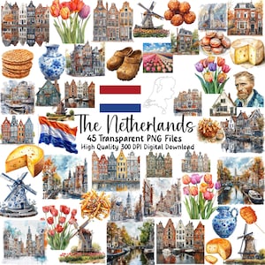 Watercolor Netherlands Clipart: Dutch Travel Graphics (PNG, Digital Download
